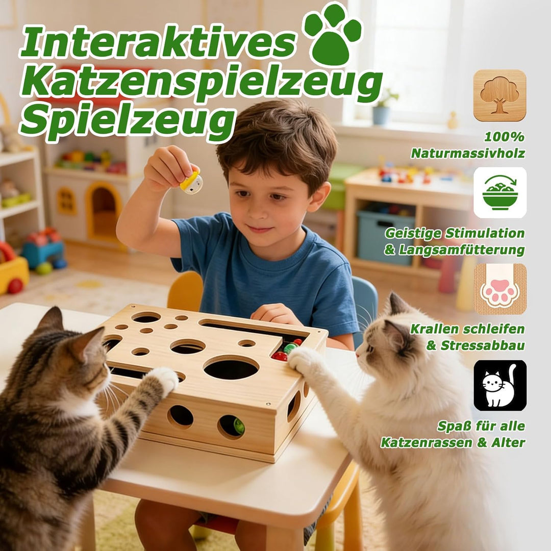 Holz Katzenspielzeug mit Federstab & Glockenbällen, 30 * 25CM Interaktives Kratzpuzzle Spielbox, Kat