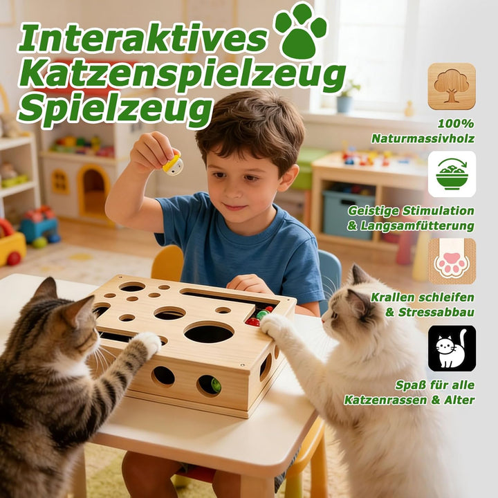 Holz Katzenspielzeug mit Federstab & Glockenbällen, 30 * 25CM Interaktives Kratzpuzzle Spielbox, Kat