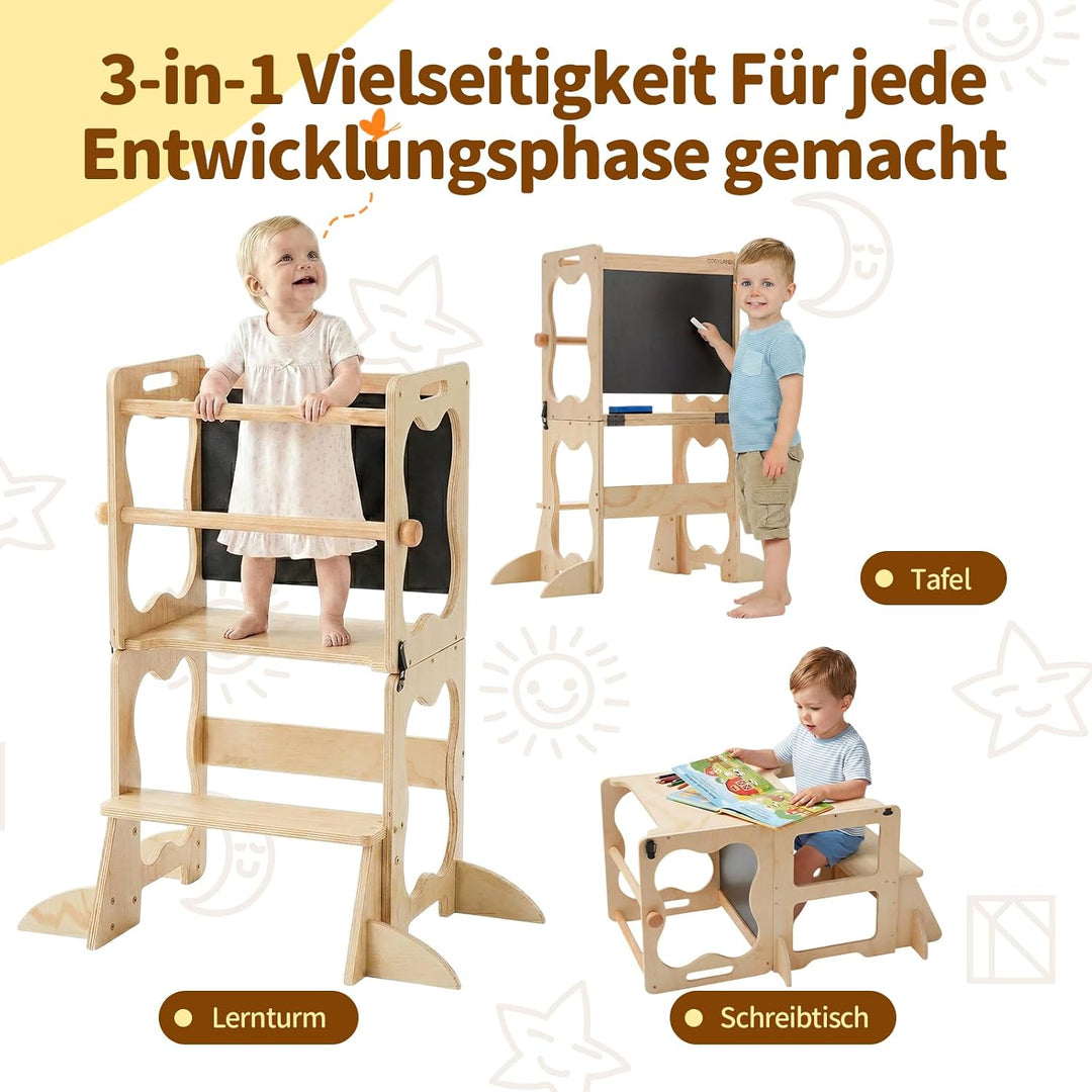 COSYLAND Montessori Lernturm Kinder ab 1 Jahr, klappbarer Lernturm 3 in 1 mit Tafel, Learning Tower
