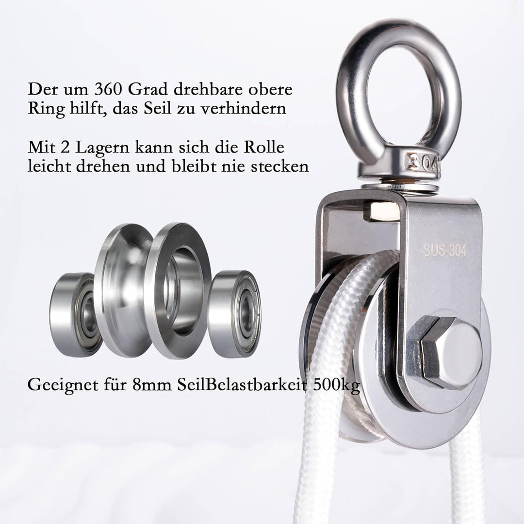 Umlenkrolle mit 2 Kugellager, Edelstahl Flaschenzug mit 10m/8mm Nylonseil, Tragfähigkeit 500 kg 1 48