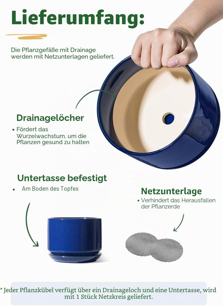 LE TAUCI Keramik Blumentöpfe 4,3+5,3+17,3 cm, 3er Set, Pflanzgefässe mit Drainageloch und Untersetze