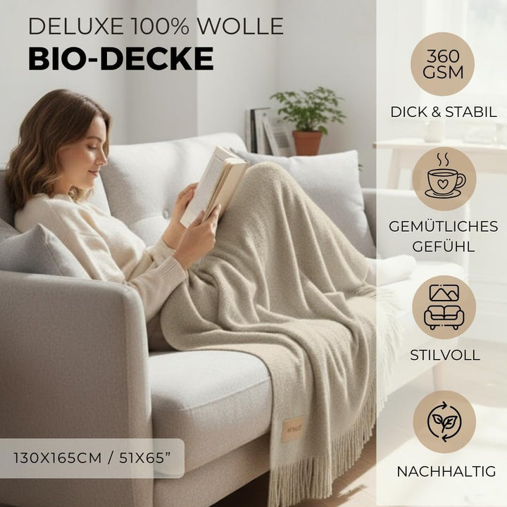 menique Warm Wolldecke Milan 130x165 cm – Beige Dicke Kuscheldecke aus 100% Wolle, Weiche Sofa- & Co