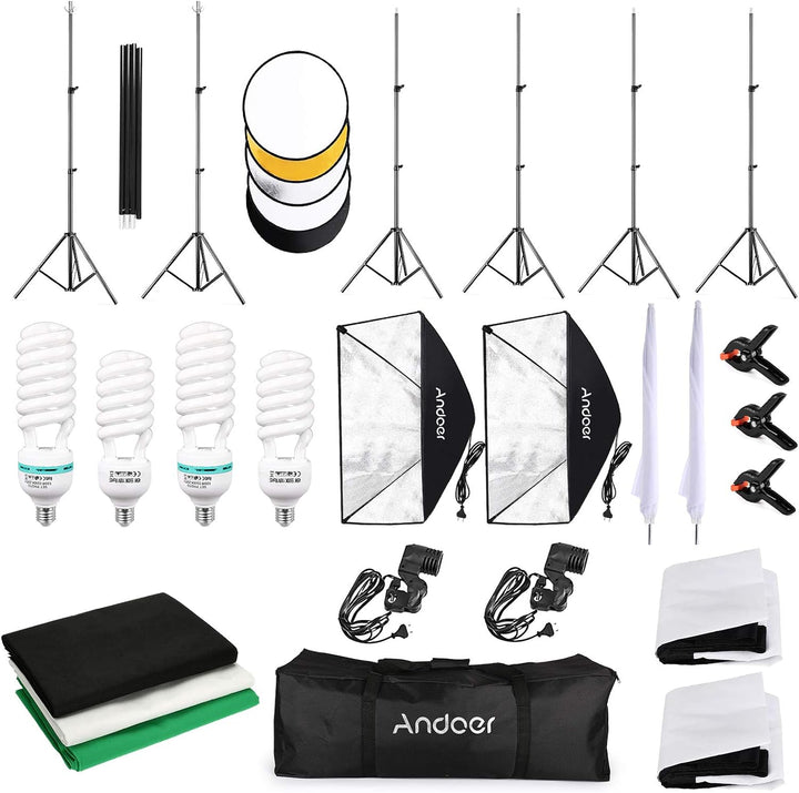 Andoer Fotostudio Set, 1.8M x 2.7M Hintergrund Stützsystem (Grün Schwarz Weiss) mit Softbox, Dauerli