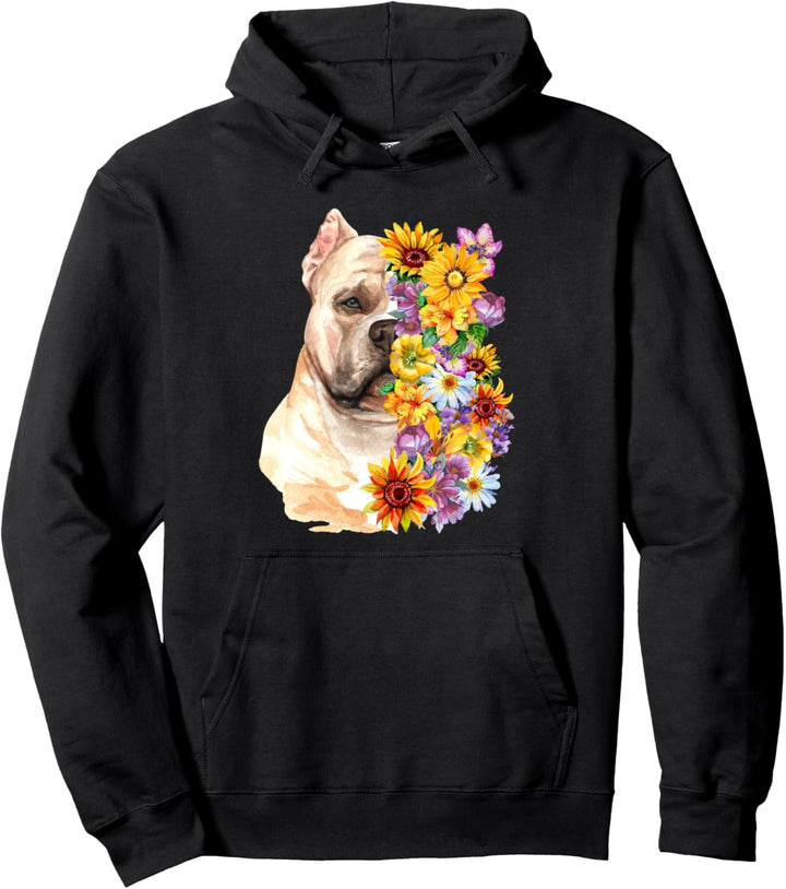 Lustiges Pitbull Gesicht Blumen Sonnenblumen Hundeliebe Pullover Hoodie