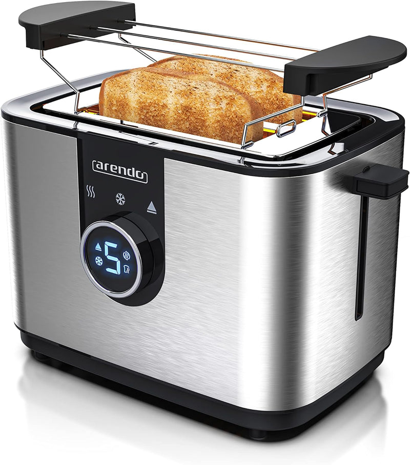 Arendo - Toaster Edelstahl digital - 2 Scheiben mit Brötchenaufsatz - 850 Watt - LED Anzeige – Drehk