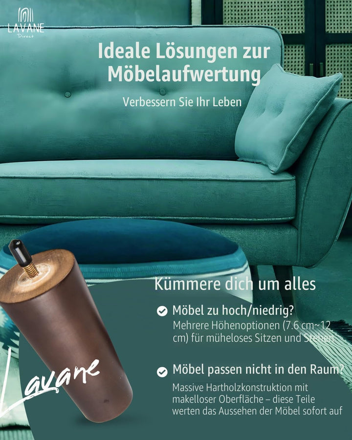 La Vane 4 Stück Möbelfüsse aus Massivholz - 15cm Höhe, Walnuss, Konisch mit M8 Gewindebolzen & Monta