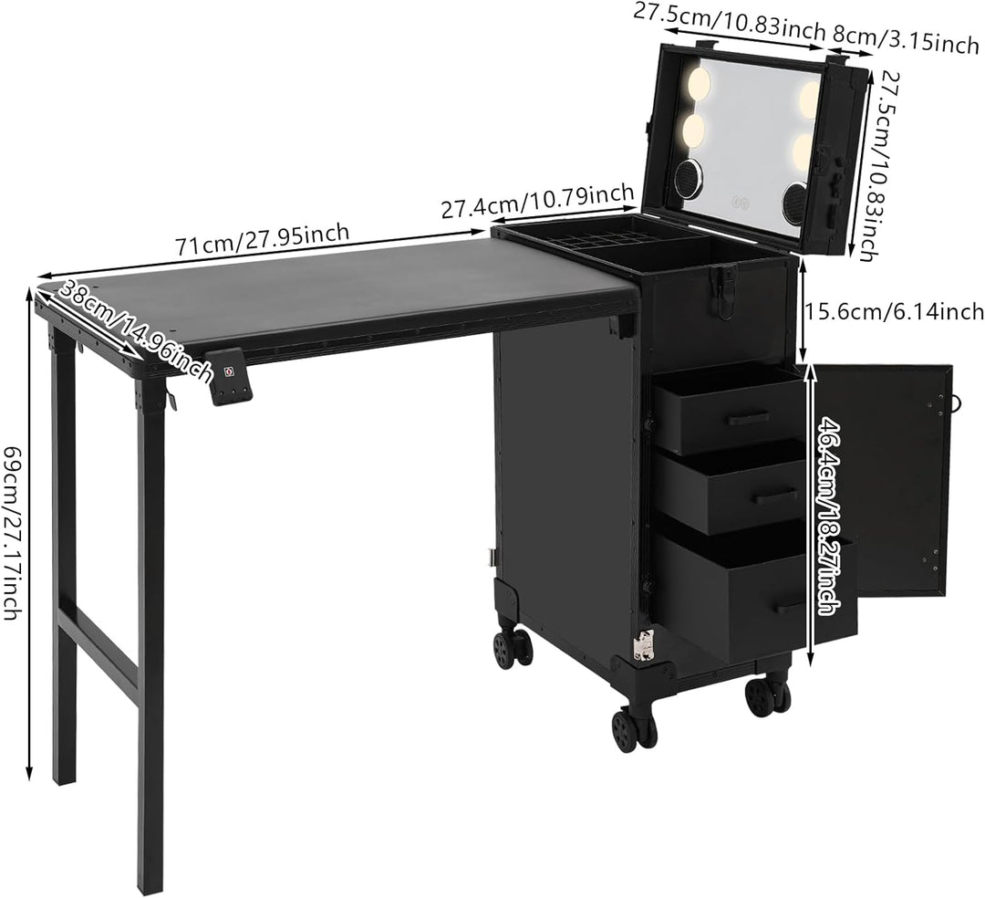 Professioneller Schminkkoffer mit Klappbarer Tisch, Rollender Friseurkoffer mit Spiegel & 3 Schublad