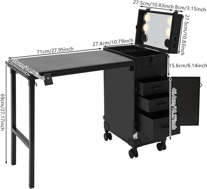 Professioneller Schminkkoffer mit Klappbarer Tisch, Rollender Friseurkoffer mit Spiegel & 3 Schublad