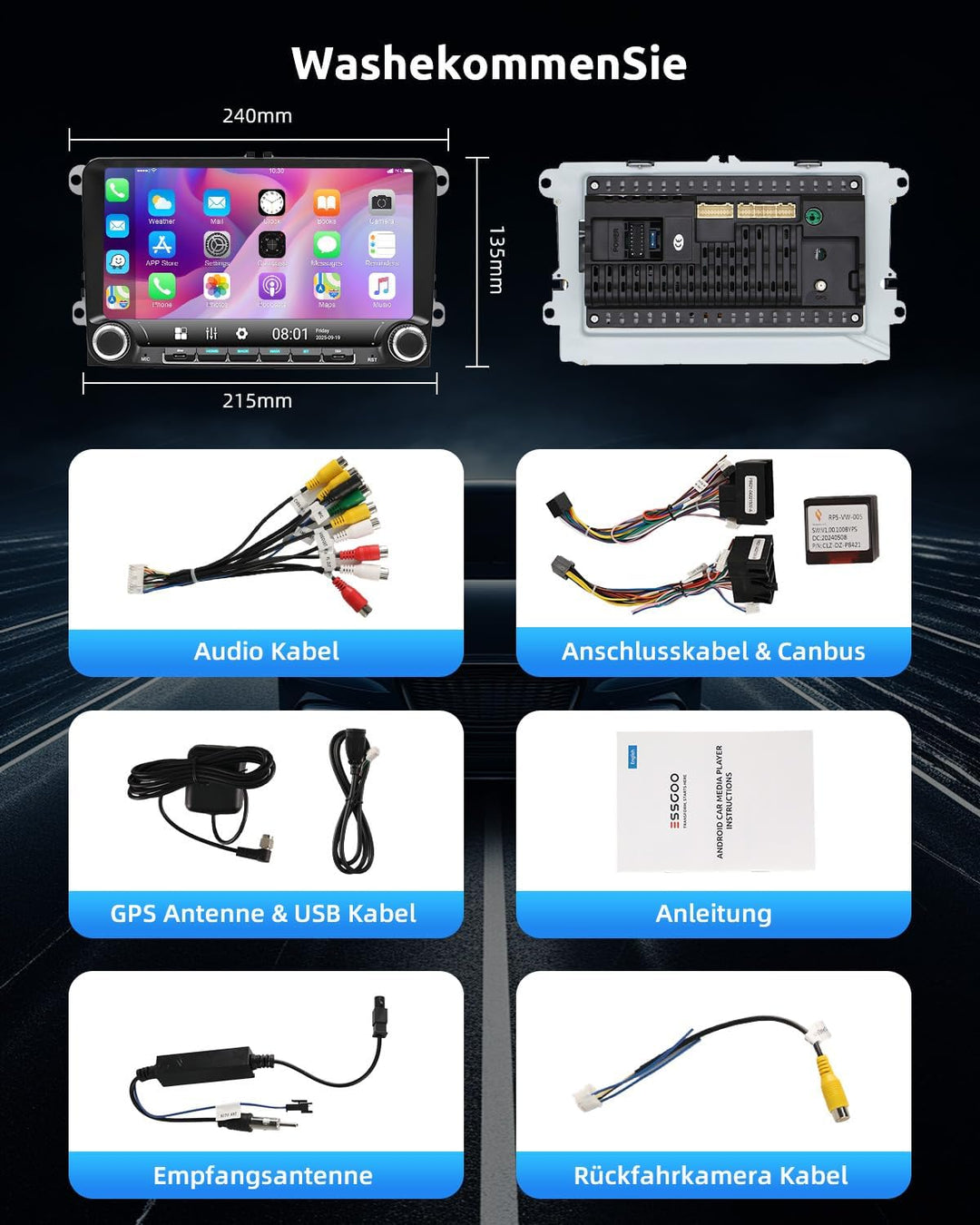ESSGOO Android 14 Autoradio für VW Golf 5/6, T5, Passat, Polo, Touran, Tiguan, Caddy, Seat – 9" Touc
