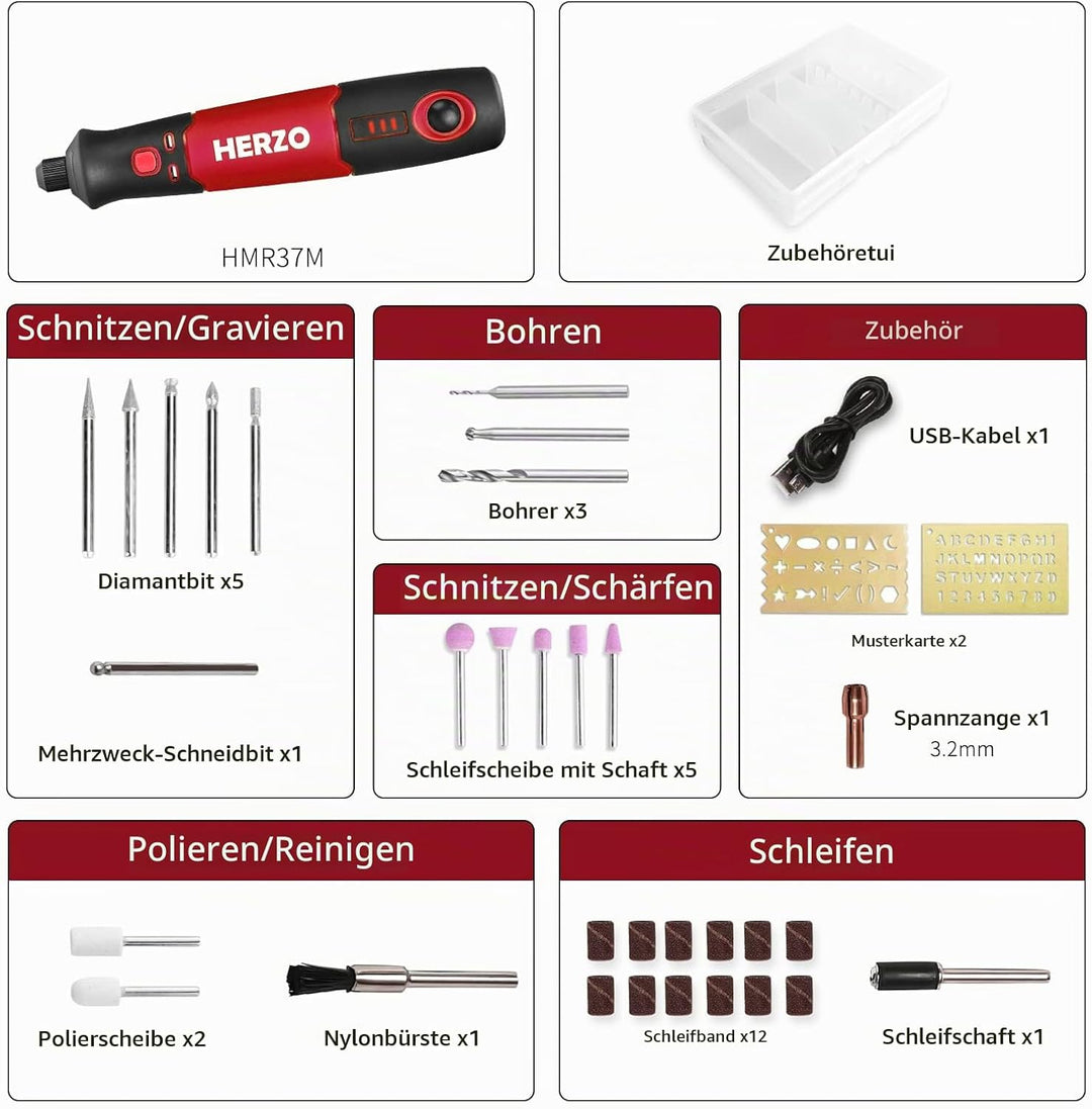 HERZO Mini Multifunktionswerkzeug, 3.7V Li-Ion Akku Mehrzweckschleifmaschine, mit 3 variabler Drehza