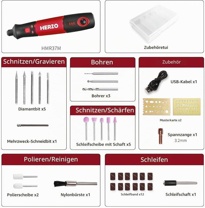 HERZO Mini Multifunktionswerkzeug, 3.7V Li-Ion Akku Mehrzweckschleifmaschine, mit 3 variabler Drehza