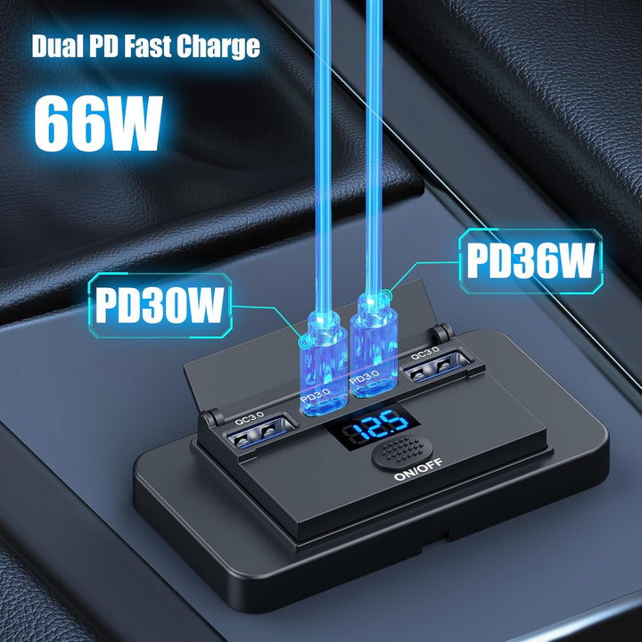 84W 4 Anschlüsse 12V USB-Anschluss, Aufputzmontage mit Voltmeter, 36W PD und Zwei 18W QC 3.0 – Leich