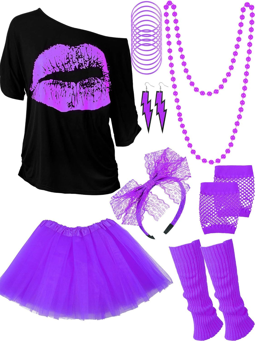 80 Jahre Kostüm Zubehör Set, T-Shirt Tutu Stirnband Ohrring Halskette Beinlinge XS Violett, XS Viole