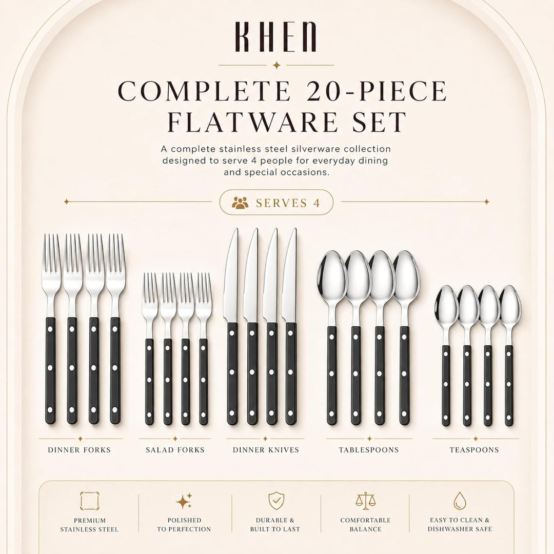 Khen Black Cutlery Sabre Besteck-Set, 6-teilig, 18/8 Edelstahl, modernes Besteck für Zuhause, Küche