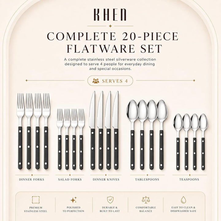 Khen Black Cutlery Sabre Besteck-Set, 6-teilig, 18/8 Edelstahl, modernes Besteck für Zuhause, Küche