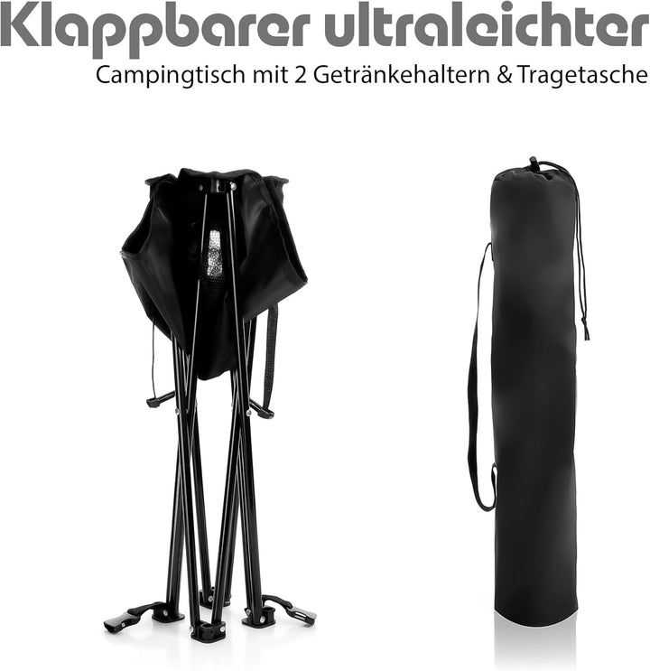 BigDean Campingtisch faltbar mit 2 Getränkehaltern Schwarz belastbar bis 30 kg – tragbarer & ultrale