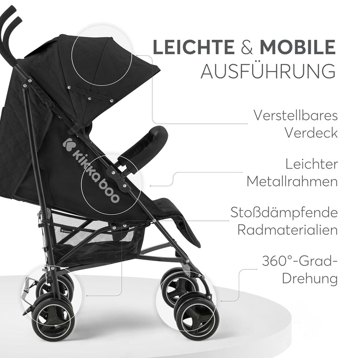 KikkaBoo BEETLE Kinderwagen, Kinderwagen bis 22 kg, faltbar, leicht, kompakt, Schwarz, Schwarz