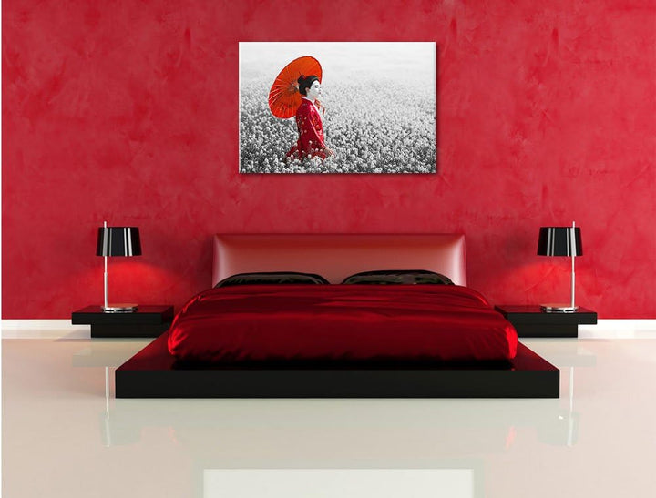 Pixxprint Geisha auf dem Feld / 100x70cm Leinwandbild bespannt auf Holzrahmen/Wandbild Kunstdruck De