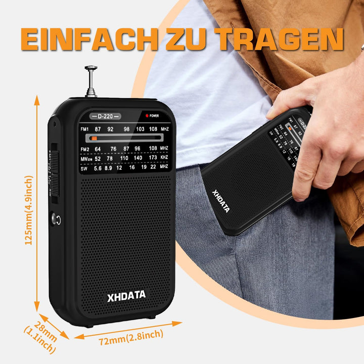 XHDATA D220 Radio Klein, FM AM UKW Radio, BatteriebetriebenesRadio, WeltempfängerRadio, Taschenradio