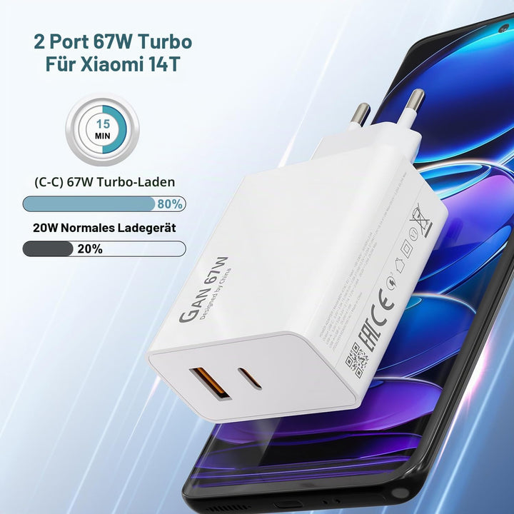 2 Port 67W USB C Ladegerät Netzteil mit 2 Typ C Ladekabel für Xiaomi 15 14 Ultra/14/14T/13T/13 Lite,