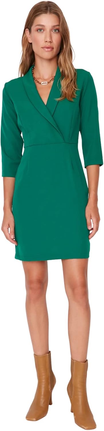 TRENDYOL Damen Woman Mini Gerüschter Saum Hochabschliessender Kragen Webstoff Kleid 42 Grün 01, 42 G