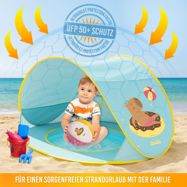 Chillife Strandmuschel Pop up Set I Tragbares Strandzelt mit UV Schutz und Windschutz Strand I Wasse