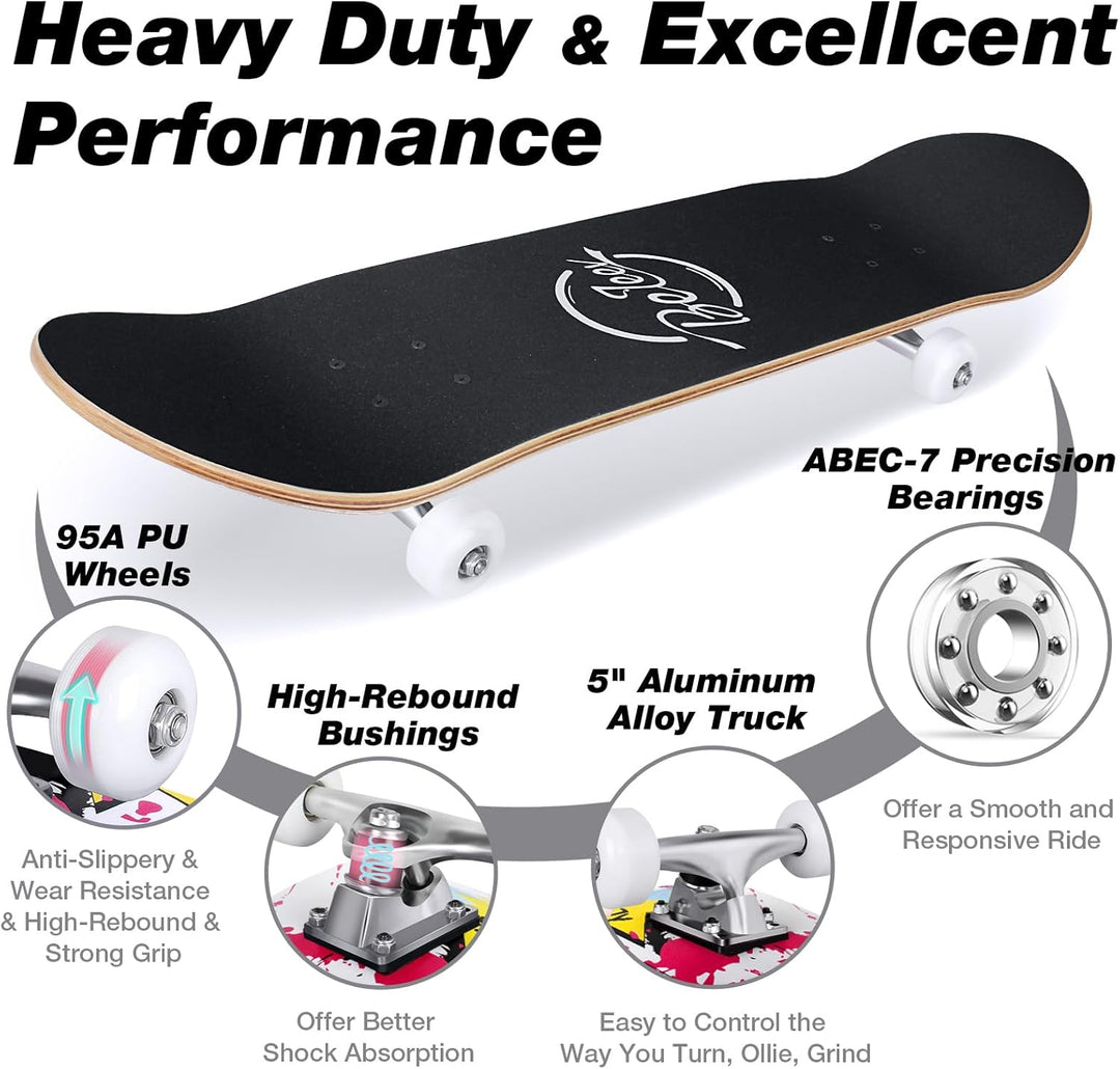 BELEEV Skateboard 31x8 Zoll Komplette Cruiser Skateboard für Kinder Jugendliche Erwachsene, 7-Lagige