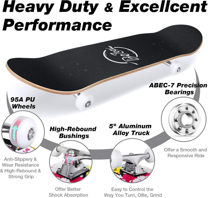 BELEEV Skateboard 31x8 Zoll Komplette Cruiser Skateboard für Kinder Jugendliche Erwachsene, 7-Lagige