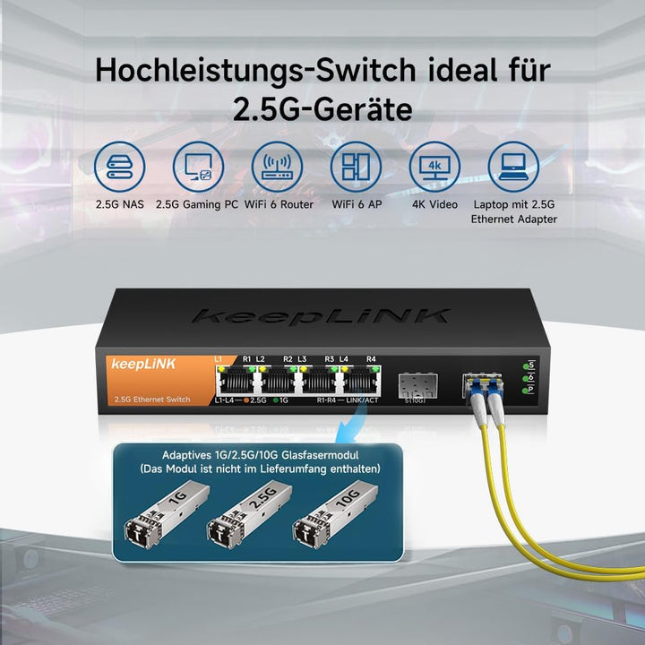 6-Port 2,5G Switch, Nicht verwaltet, 4 x 2,5GBASE-T-Ports und 2 x 10GBASE-T-SFP-Steckplätze, 60 Gbit