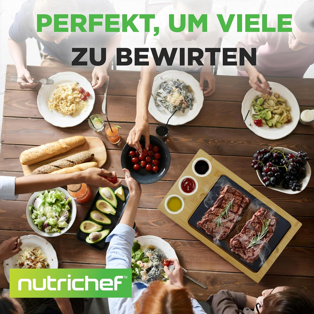 NutriChef Heisser Stein Grillplatte – Tischgrill-Set mit Bambus und Keramik Ideal für Steak und Dinn