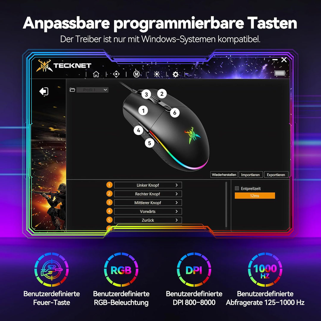 TECKNET RGB Gaming Maus mit Kabel, 10000 DPI Kabelgebundene Mäuse mit 6 Programmierbare Tasten und A