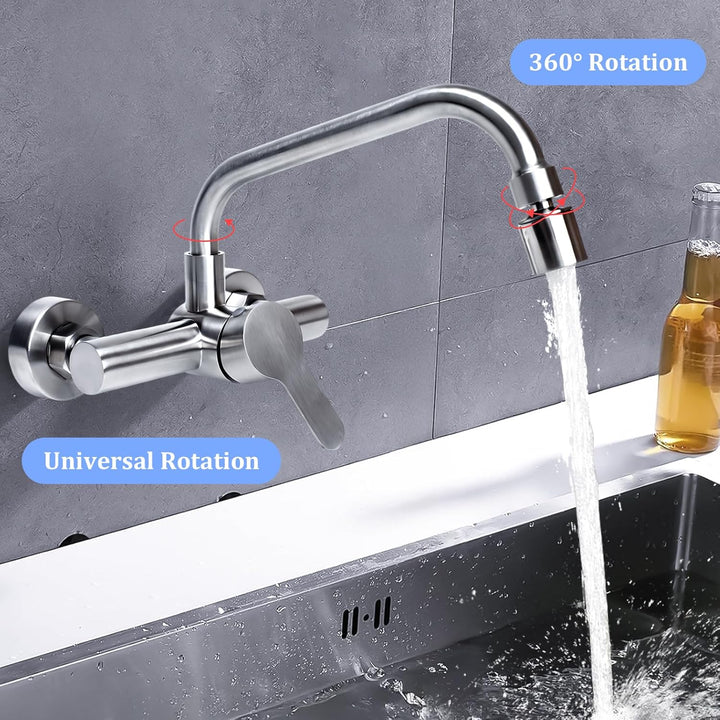 Küchenarmatur 360 ° Drehbar, Edelstahl Wasserhahn Wandmontage mit 2 Strahlarten Mischbatterie Armatu