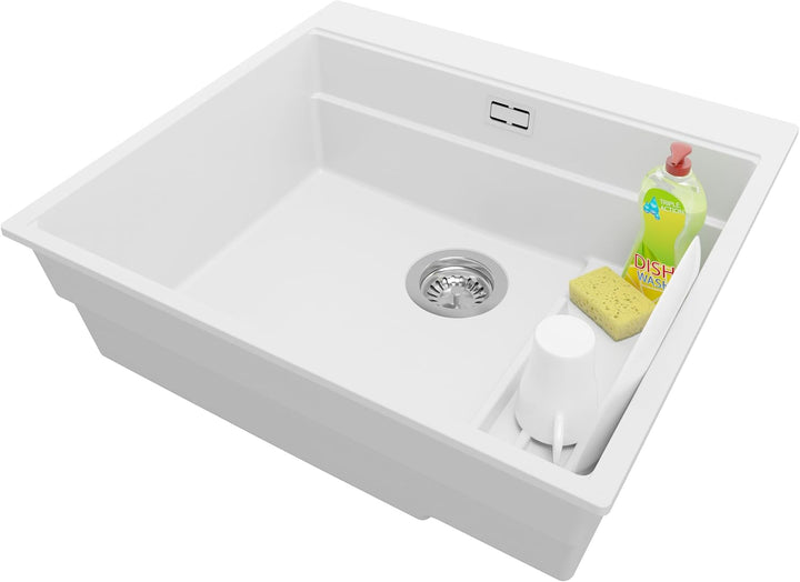 PRIMAGRAN Spülbecken Weiss 58x53cm, Granitspüle 1 Becken + Ablauf-Set, Küchenspüle ab 60er Unterschr