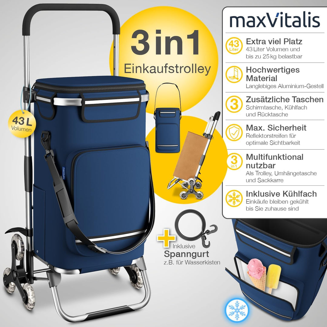 maxVitalis Einkaufstrolley Treppensteiger mit Kühlfach, Einkaufsroller klappbar, Shopping Trolley hö