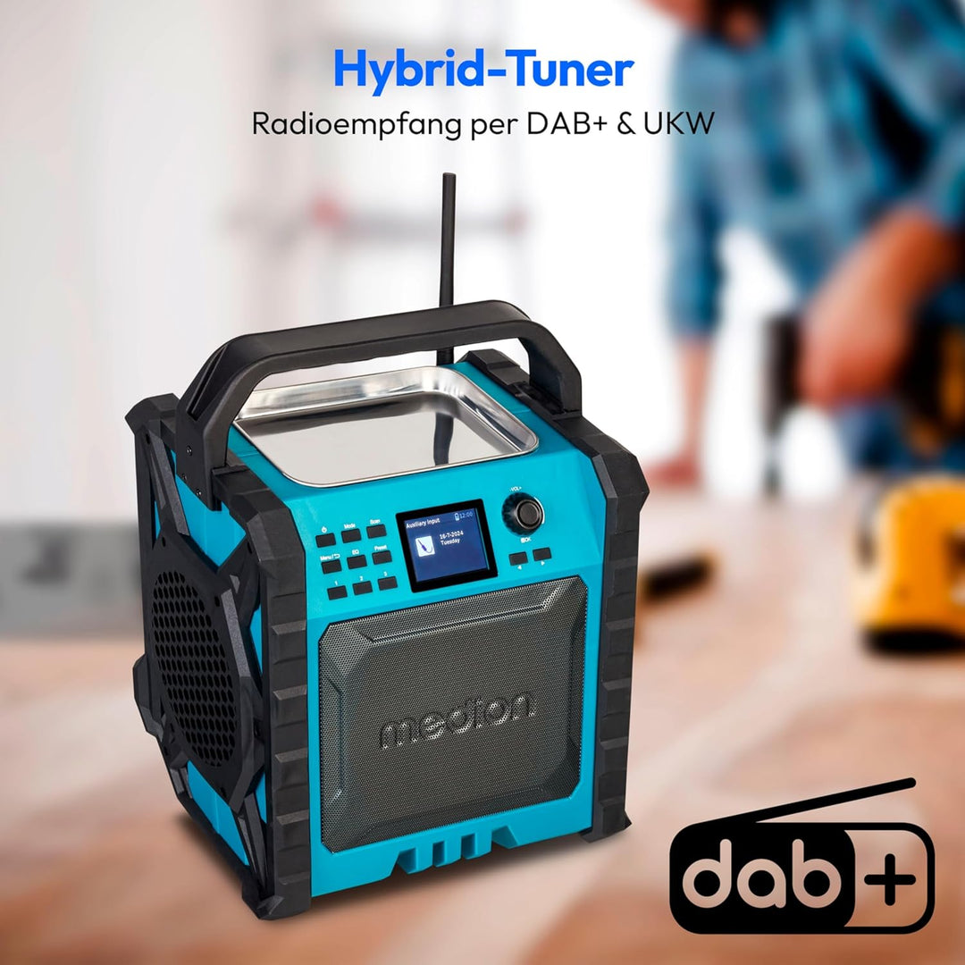 MEDION P66896 Baustellenradio (DAB Plus, DAB+/UKW, integrierter Akku, Farbdisplay, Bluetooth, Powerb