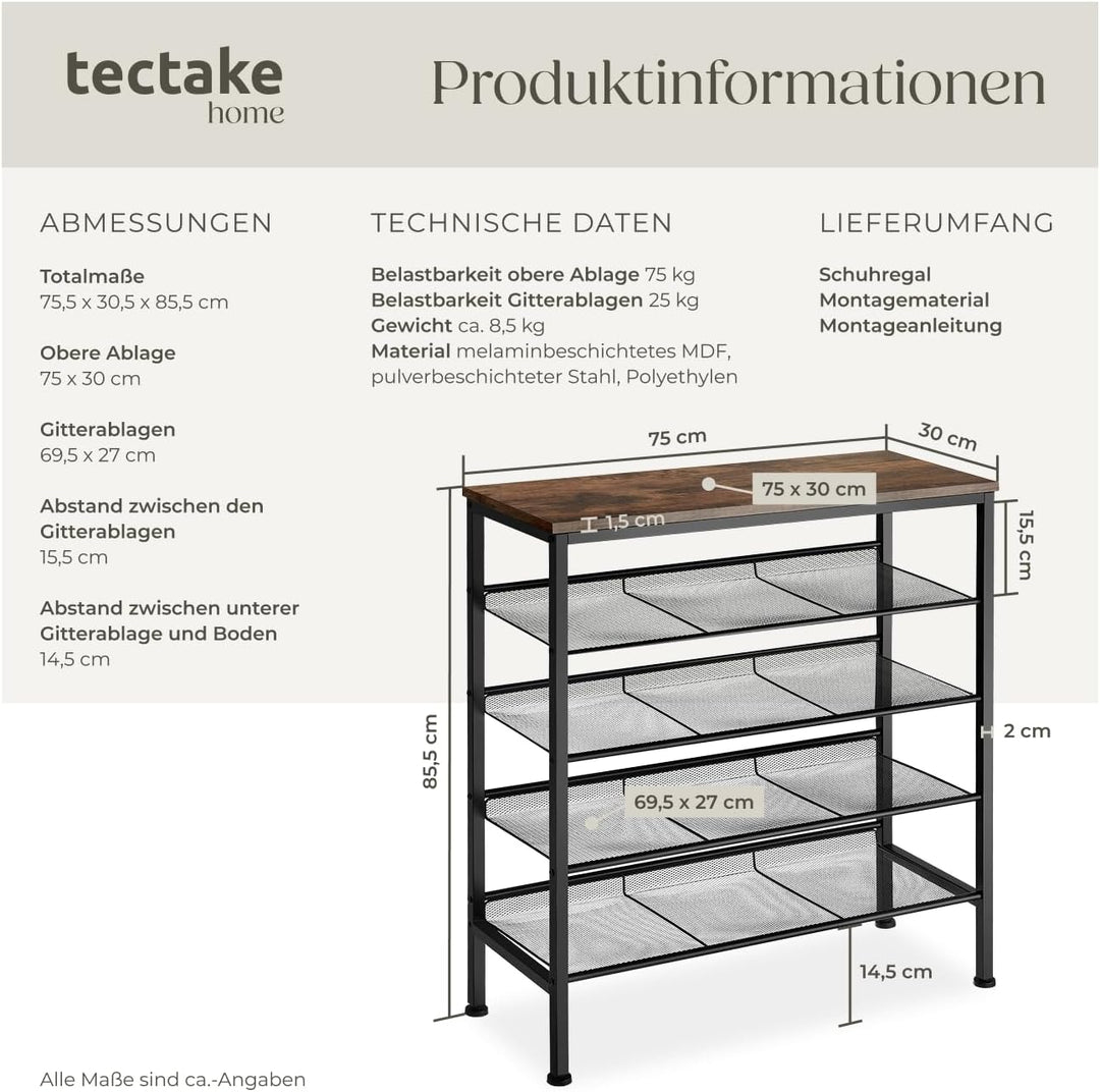 tectake 800948 Schuhregal schmal mit Ablagefläche, Schuhablage aus Holz Metall, Industrie-Design, 5
