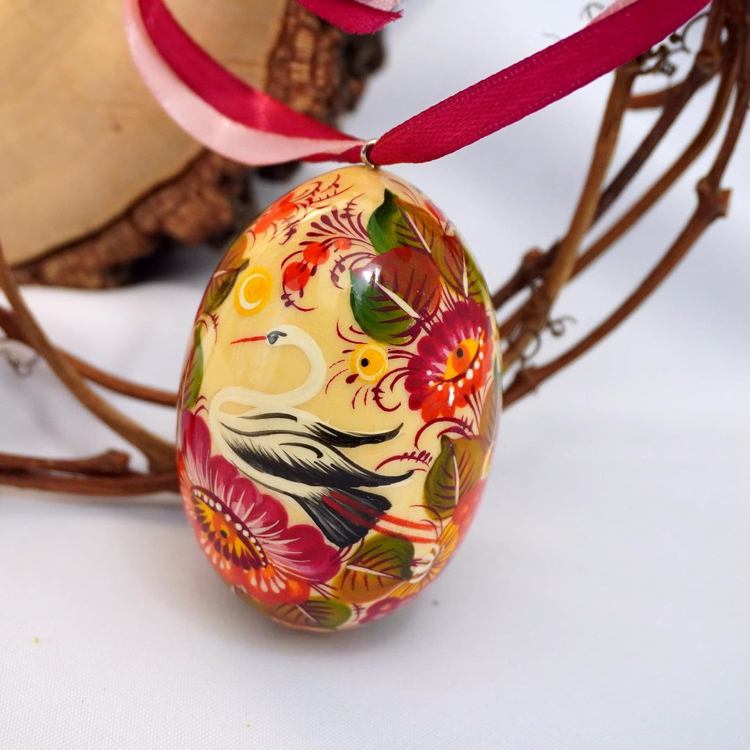 Handbemalte Ostereier zum Aufhängen aus Holz mit Störche und Schönem Blumenmuster, 6-7 сm Ukrainisch