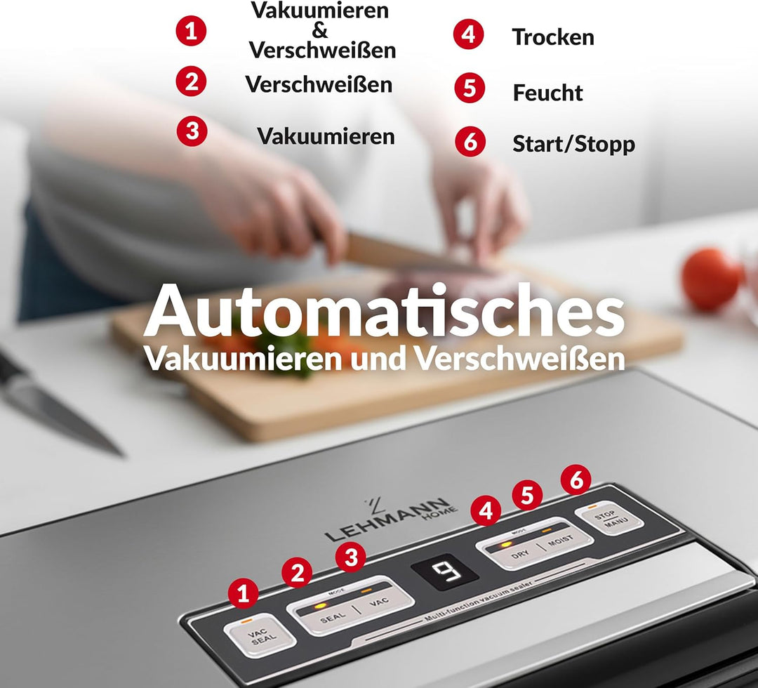 LEHMANN Vakuumierer, Vakuumiergerät für Lebensmittel, Hält bis zu 8x Länger Frisch, Folienschweissge