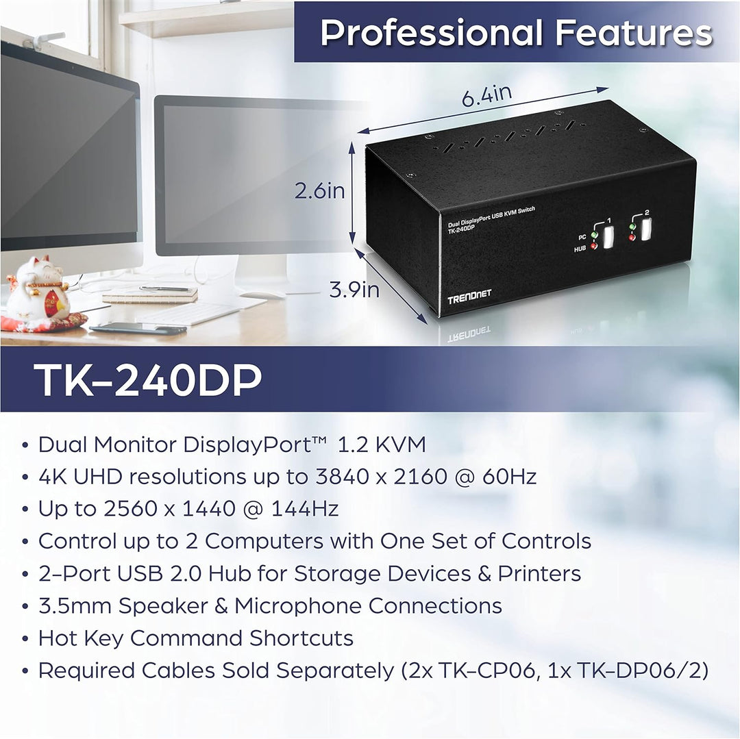 TRENDnet TK-240DP 2-Port-DisplayPort-KVM-Switch mit zwei Monitoren und Audio, 2-Port-USB 2.0-Hub, 4K