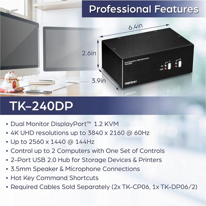 TRENDnet TK-240DP 2-Port-DisplayPort-KVM-Switch mit zwei Monitoren und Audio, 2-Port-USB 2.0-Hub, 4K