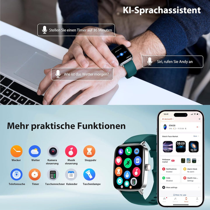 Smartwatch Herren Damen mit Telefonfunktion - 1.85" Fitnessuhr Herren mit Herzfrequenz SpO2 Schlafmo