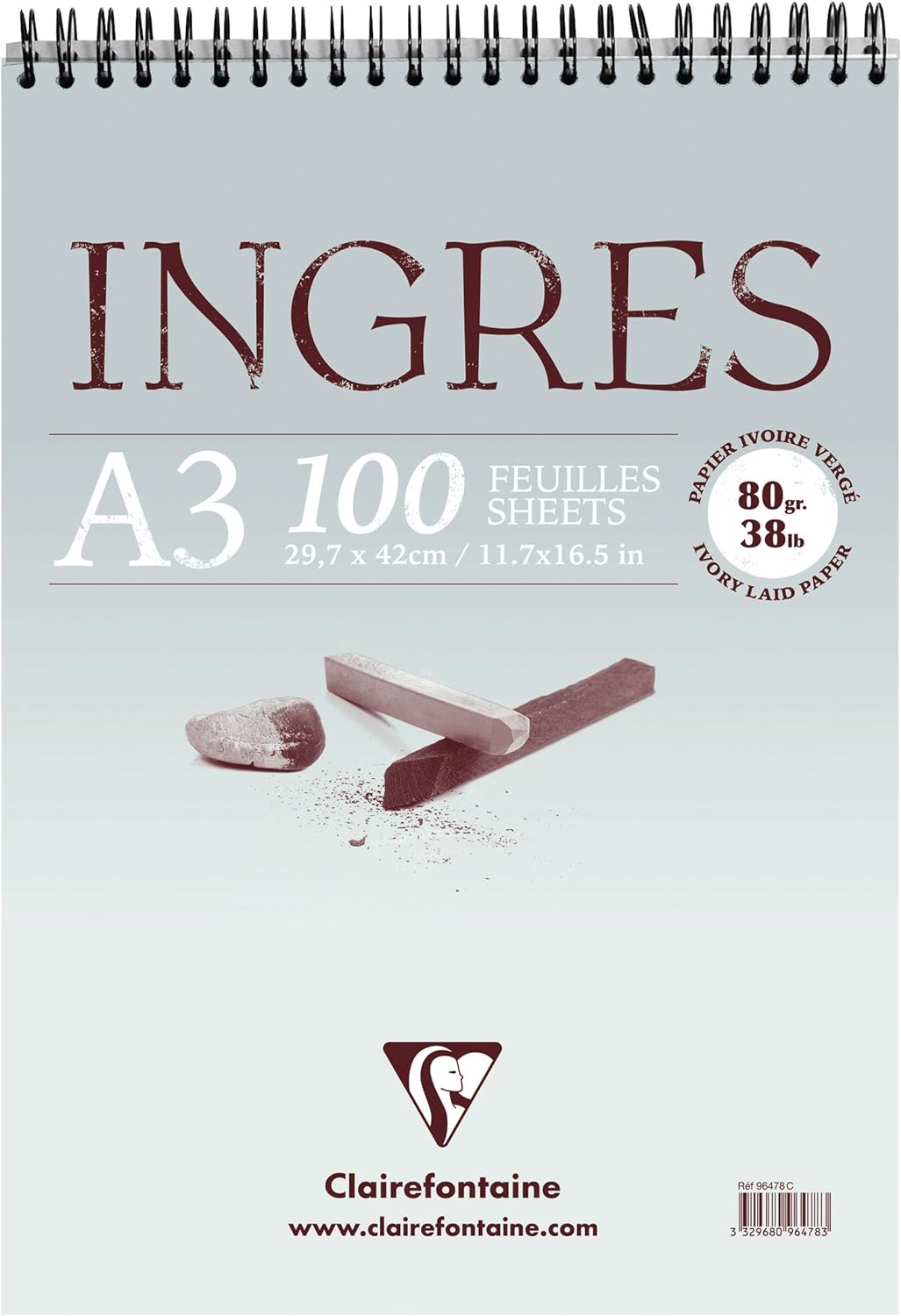 Clairefontaine 96478C Zeichenblock Ingres (mit Doppelspirale, gekörnt, DIN A3, 29,7 x 42 cm, 100 Bög