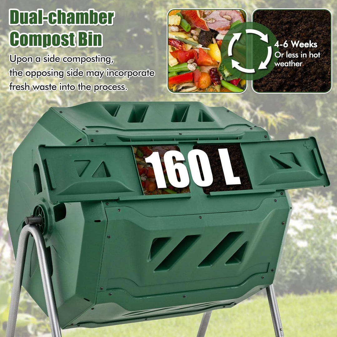 FANTASK 160L Trommel-Komposter, 70x63x93cm, 360° drehbar, Trommelkomposter Doppelkammer mit 2 Schieb