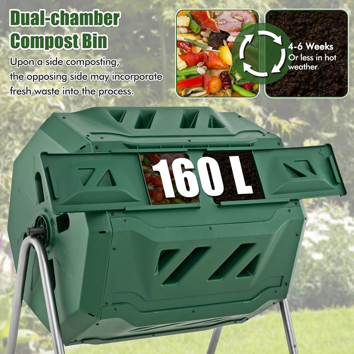 FANTASK 160L Trommel-Komposter, 70x63x93cm, 360° drehbar, Trommelkomposter Doppelkammer mit 2 Schieb