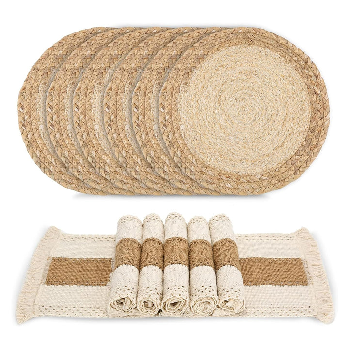 Zology Handgefertigtes Boho-Tischsets, 6er-Set, natürliche Baumwolle, Jute und Wasserstroh, gewebte