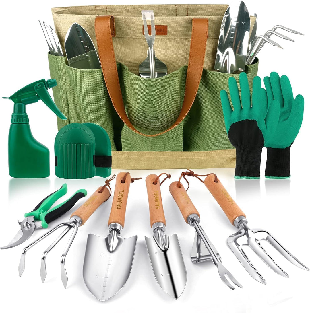 YAUNGEL Gartenwerkzeug Set, 10 Stück Schwerlast Edelstahl Gartenarbeit Kit mit Non-Slip Holzgriff- G