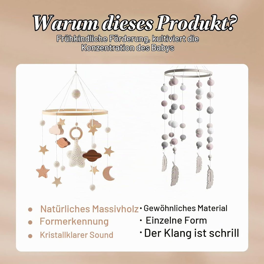 Mobil Baby Windspiele mit Wolken Mond Sterne Handgefertigt Holz Gehäkelt Bettglocke Anhänger zum Auf
