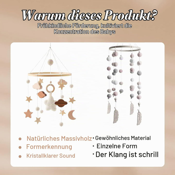 Mobil Baby Windspiele mit Wolken Mond Sterne Handgefertigt Holz Gehäkelt Bettglocke Anhänger zum Auf