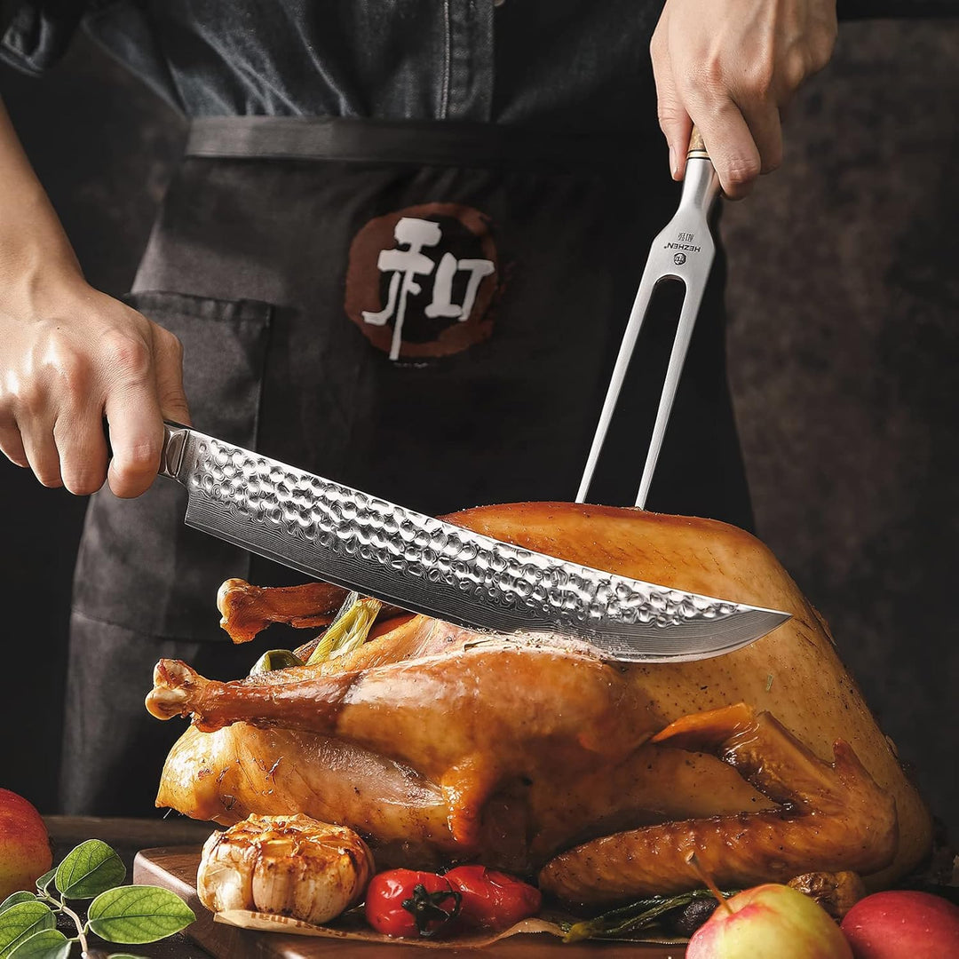 HEZHN Tranchiergabel Fleischgabel Outdoor Grillgabel 430 Edelstahl Figaro Bergahorn Holz Geschenkbox