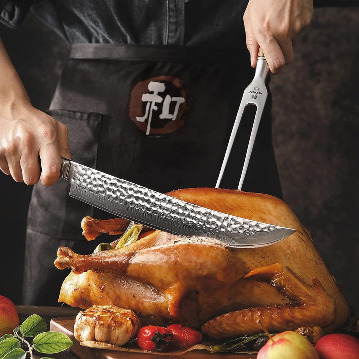 HEZHN Tranchiergabel Fleischgabel Outdoor Grillgabel 430 Edelstahl Figaro Bergahorn Holz Geschenkbox